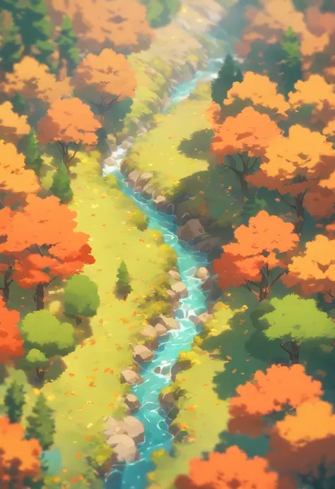 A creek through the autumn forest, fantasy, Illustrator style, Aerial view, HD, detail