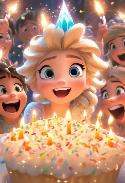 Large happy kids birthday party scene for 4-6 kids, Cupcakes, Candles and Disney《frozzen》Elsa stands in the background, Celebration style, Detailed depiction of the facial structure of the character, Bright overall color, Candles on cakes, author：Charles S...