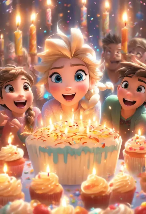 Large happy kids birthday party scene for 4-6 kids, Cupcakes, Candles and Disney《frozzen》Elsa stands in the background, Celebration style, Detailed depiction of the facial structure of the character, Bright overall color, Candles on cakes, author：Charles S...