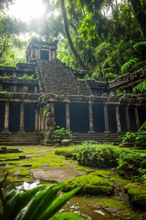 The ruins of the Temple of Kukulkan, totem sculptures, in the tropical rainforest, mysterious and eerie atmosphere hidden in a dense INTRIGATELY rainforest, film, studio lighting, intricately detailed foliage, ultra realistic, bokeh, sharp features, a uniq...