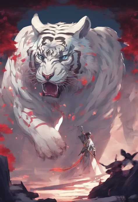 China-style，Chinese mythology，the white tiger，tosen，Ferocious，gargantuan，The eyes glow red，Glow effects，High hills，Cloud fog，the night，中景 the scene is，Full body like， highly detailed surreal vfx，oc rendered， - AR 16:9 --q 2 --s 1000