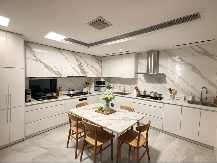 ，masterpiece, best quality，8k, 超高分辨率，step into the kitchen，a white marble countertop neatly displays exquisite cooking utensils ...