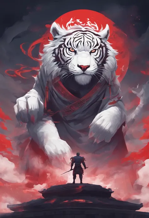 China-style，Chinese mythology，the white tiger，tosen，Ferocious，gargantuan，The eyes glow red，Glow effects，High hills，Cloud fog，the night，中景 the scene is，Full body like， highly detailed surreal vfx，oc rendered， - AR 16:9 --q 2 --s 1000