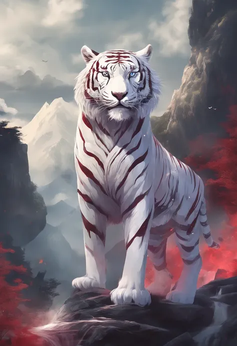 China-style，Chinese mythology，the white tiger，tosen，Ferocious，gargantuan，The eyes glow red，Glow effects，High hills，Cloud fog，the night，中景 the scene is，Full body like， highly detailed surreal vfx，oc rendered， - AR 16:9 --q 2 --s 1000