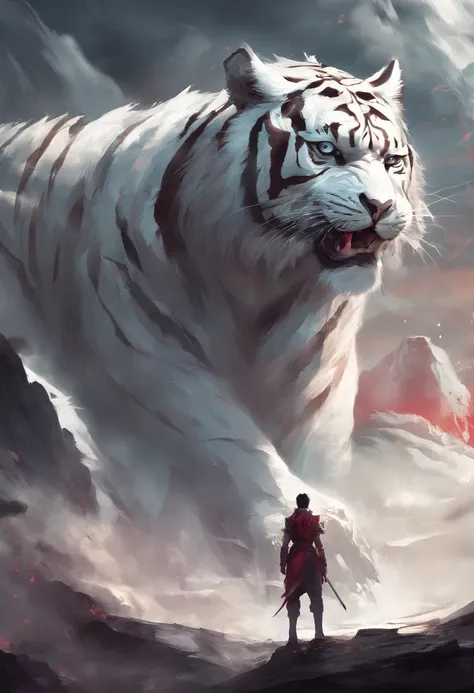 China-style，Chinese mythology，the white tiger，tosen，Ferocious，gargantuan，The eyes glow red，Glow effects，High hills，Cloud fog，the night，中景 the scene is，Full body like， highly detailed surreal vfx，oc rendered， - AR 16:9 --q 2 --s 1000