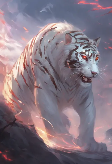 China-style，Chinese mythology，the white tiger，tosen，Ferocious，gargantuan，The eyes glow red，Glow effects，High hills，Cloud fog，the night，中景 the scene is，Full body like， highly detailed surreal vfx，oc rendered， - AR 16:9 --q 2 --s 1000