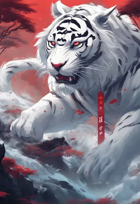 China-style，Chinese mythology，the white tiger，tosen，Ferocious，gargantuan，The eyes glow red，Glow effects，High hills，Cloud fog，the night，中景 the scene is，Full body like， highly detailed surreal vfx，oc rendered， - AR 16:9 --q 2 --s 1000