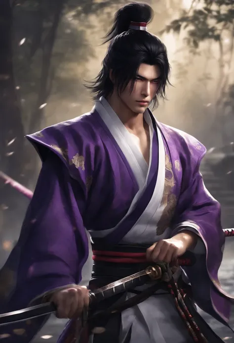 Teen guy, black hair, ripped, big shoulders, medium chest, slim waist, medium hair, black and purple katana, purple and white samurai clothes, handsome face, white eyes, yellow pupil, ripped forearms