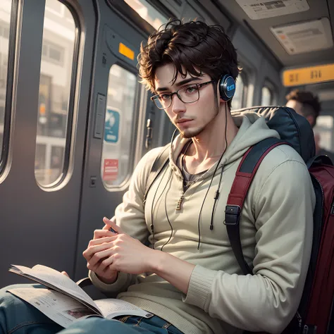 a 23 year old calm boy with little beard and specs listening 🎧 to audiobook (silent background)(calmness in photo) (travelling in metro)(picture ratio --auto --s2