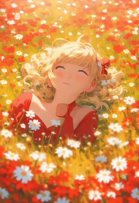 One girl lies,  in flower field, Red dress, white blossoms,  earrings, view the viewer, Blue eyes, Red Ribbon, Necklace, Long sleeves, Blonde hair, Short hair, Daisies