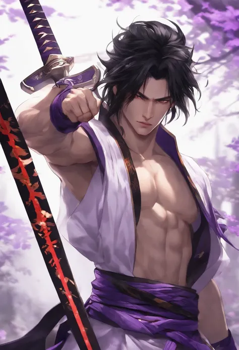 Teen guy, black hair, ripped, big shoulders, medium chest, slim waist, medium hair, black and purple katana, purple and white samurai clothes, handsome face, white eyes, yellow pupil, ripped forearms, purple and white Lightning around body