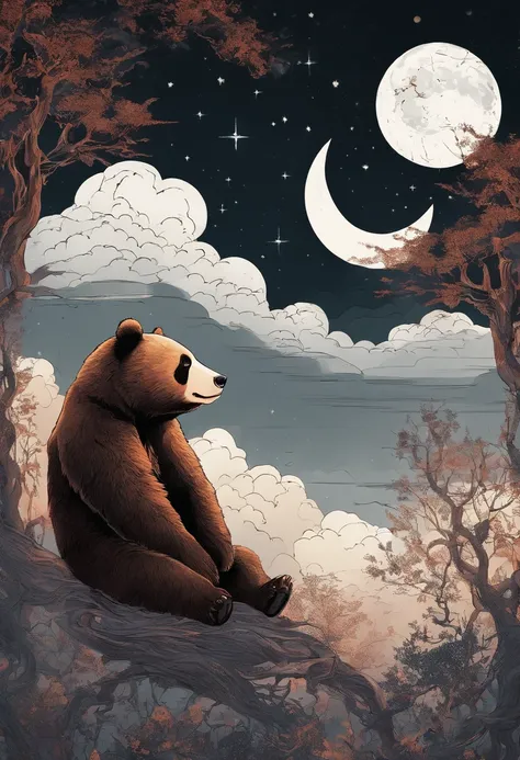 Starry sky with clouds and trees Warm colored moon with reddish-brown panda bear as the main character