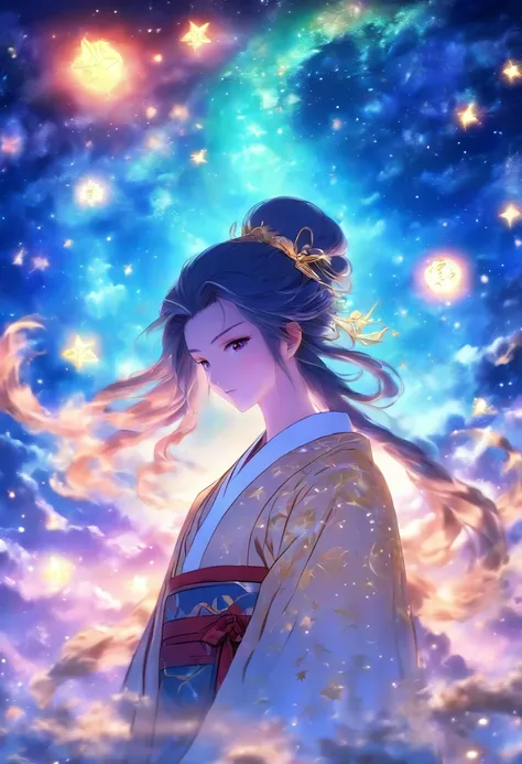 A highly concentrated beauty wearing a Jiang Tian Xingyue painting, concept art inspired by Tosa Mitsuoki, Pixiv competition winner, Best quality, Fantasy art, beautiful anime scenes, A bright moon, Starry sky environment in moonlight, Dream painting, Anim...