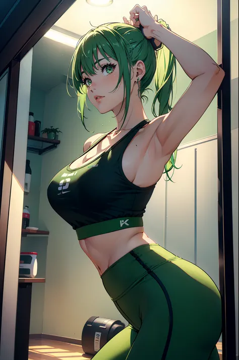 (Best quality, 8K, A high resolution, Masterpiece:1.2)Mature female, Medium hair, Green hair, short_pony tails, Sports bra , Yoga pants for, Yoga room