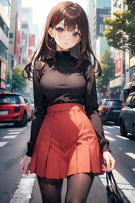 top-quality、Full limbs、complete fingers、Slender beauty、straight haired、Brown hair、((Black long sleeve knit top))、((Red mini flared skirt))、Brown pantyhose、Beautiful Large Breasts、Harajuku、Street Trees、Meeting atmosphere、sexypose