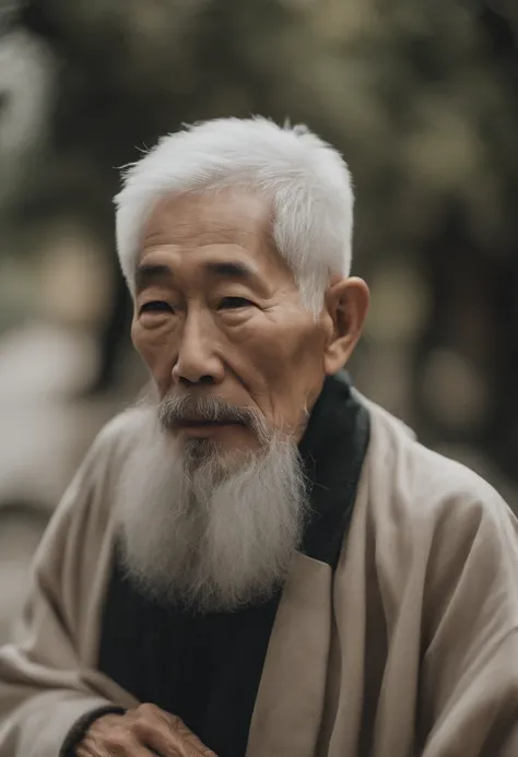 Cinematic portrait , An 80-year-old Asian man, Tall，Thin and thin, (80 years:1.1), (Shaved:1.2), (Very short white hair is a bit curly:1.5),(Long beard:1.6). Plain coat, white  shirt . Minimalist background, Own composition, detalhe poderoso, pastel colour...