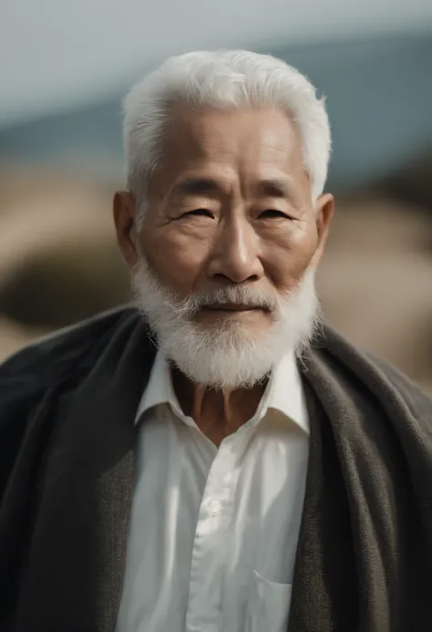 Cinematic portrait , An 80-year-old Asian man, Tall，Thin and thin, (80 years:1.1), (Shaved:1.2), (Very short white hair is a bit curly:1.5),(Long beard:1.6). Plain coat, white  shirt . Minimalist background, Own composition, detalhe poderoso, pastel colour...