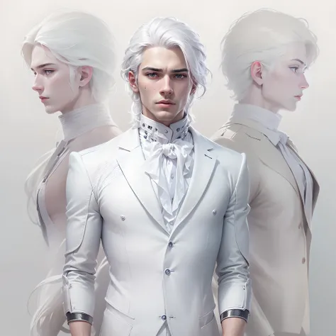 Top quality, masterpiece, ultra-high resolution, ((realism: 1.4), pure white background, brave young man, ((portrait)), glossy skin, (ultra-realistic details)), cool and dandy AI Philosopher, all back (long, beautiful white hair). Expressionless, 16K, neck...