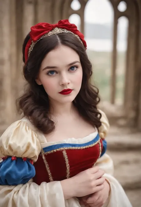 (5 years old kid), (Snow White cos:1.3), little child, upper body, Little blue and red dress, Ultra photo realsisim, Realistic, best quality real texture skin,cute true circle Symmetrical eyes, cute face, medieval world, epic realistic, Cinematic