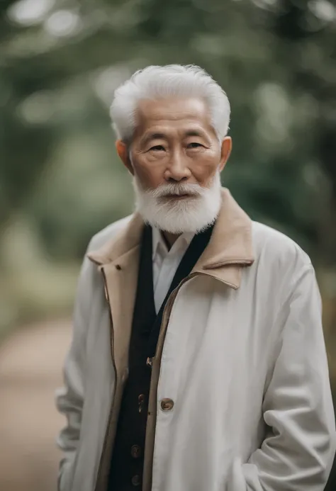 Cinematic portrait , An 80-year-old Asian male, Tall，Thin and thin, (80 years:1.1), (shaved pubic hair:1.2), (Very short white hair with a bit of curls:1.5),(Long beard:1.6). Plain coat, white  shirt . Minimalist background, Own composition, detalhe podero...