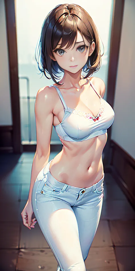 ((American shot, Girl posing for photo in white bra and tight denim, arms behind back, full body, wearing cropped t-shirt, bra, slim figure, smaller bust, slim girl model, 20 year old female model))