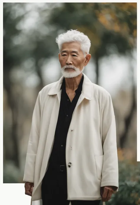 Cinematic portrait , An 80-year-old Asian male, Tall，Thin and thin, (80 years:1.1), (shaved pubic hair:1.2), (very short white hair，A little curly:1.5),(Long beard:1.6). Plain coat, white  shirt . Minimalist background, Own composition, detalhe poderoso, A...