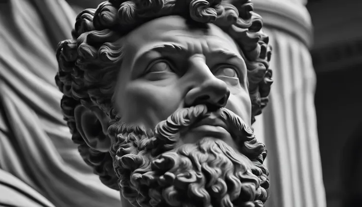 a portrait statue of the stoic Marcus Aurelius in black and white 4K,Face de lado, super realista