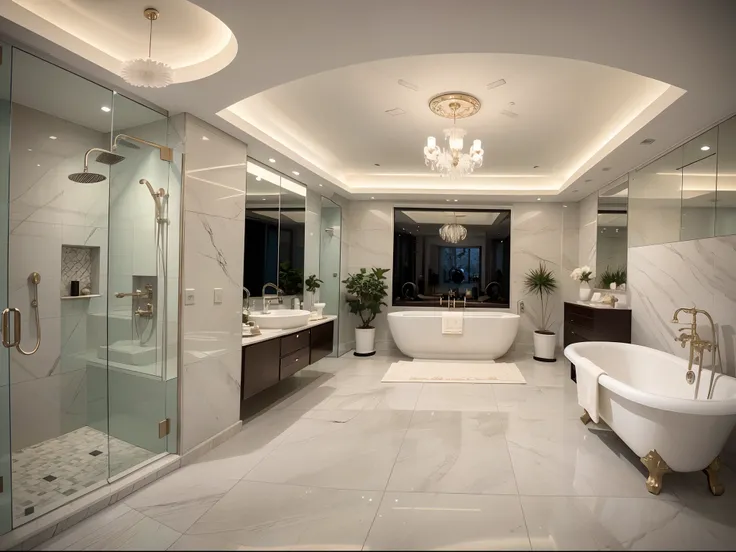 ，Masterpiece, Best quality，8K, 超高分辨率，Step into this high-end luxury bathroom，It was as if entering the bathroom of an aristocrat。The marble floors and walls exude a cool texture，It makes people feel prestigious。The white and clean bathtub lies quietly in t...