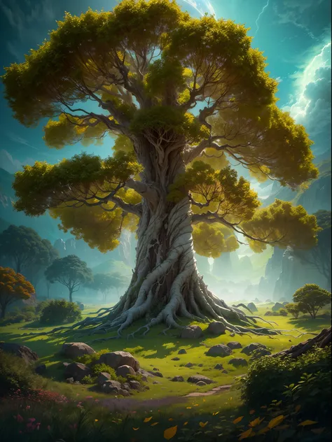 A giant extraterrestrial world tree stretches high into the sky, its thick roots digging deep into the ground. The tree is made of white wood, giving it an otherworldly appearance. Its leaves, vibrant in shades of red, flutter in the breeze, creating a mes...