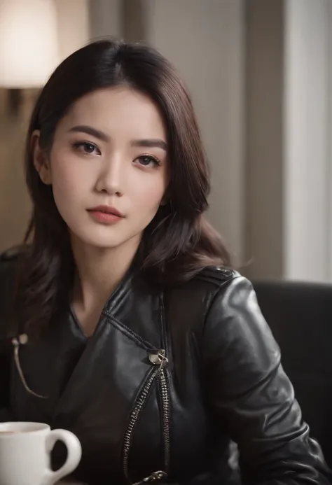 Upper body covered with black leather gloves up to the fingertips in both hands, black leather double riders jacket, slender necklace, young and cute Japanese woman with beautiful black hair tied up, facing the desk and sitting on a black leather chair