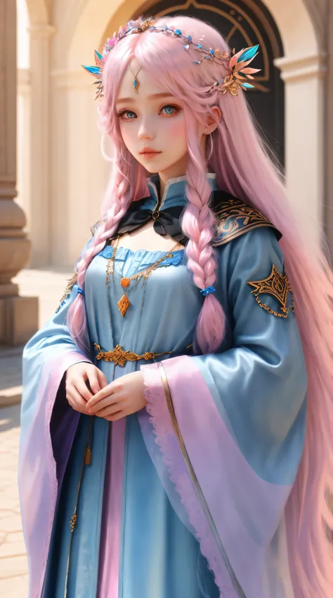 1girll, long whitr hair, Pink hair,  Blue eyes, hair adornments。blues, Textured, Intricate, opulent, shadowing, Light pastel colors, 。.3D, Highly detailed,