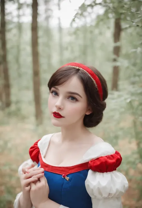 (((1 kid))), (Snow White cosplay), little child, upper body, Little blue and red dress, Ultra photo realsisim, Realistic, best quality real texture skin,cute true circle Symmetrical eyes, cute face, medieval world, epic realistic, Cinematic