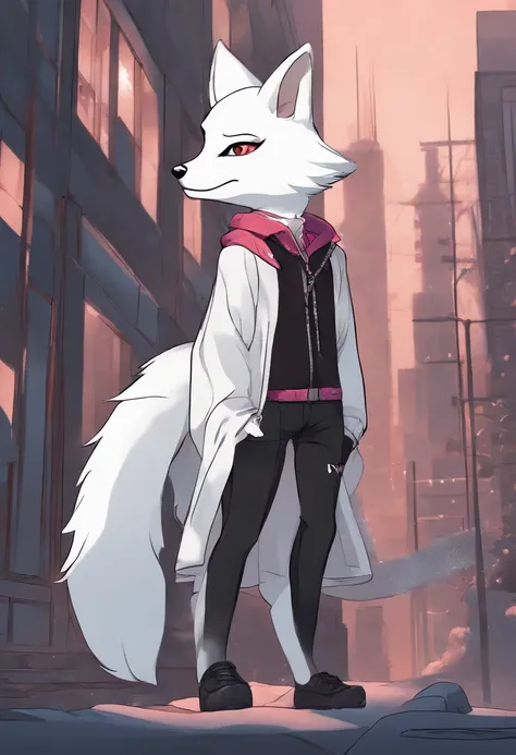 White fox, Pink eyes, Tattooed with, womb tattoo, Short hair, Black hair, Sweater men, Girl child, Bisexual males, Furry, Night City, Glowing eyes, no feelings, Long tail, Collar, ​master piece, puppet, batwings, Shy, White headphones, Fox tail, Top qualit...