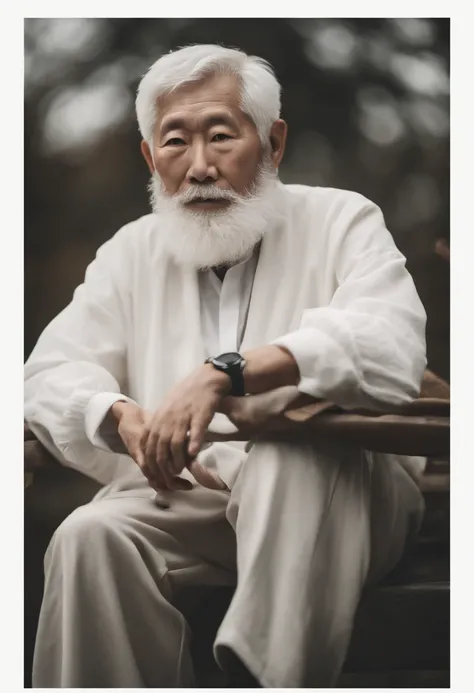 Cinematic portrait , An 80-year-old Asian male,Thin and thin, (80 years:1.1), (shaved pubic hair:1.2), (very short white hair，A little curly:1.5),(Long beard:1.6).Dark coat, white  shirt . Minimalist background, Own composition, detalhe poderoso, Autumn ba...