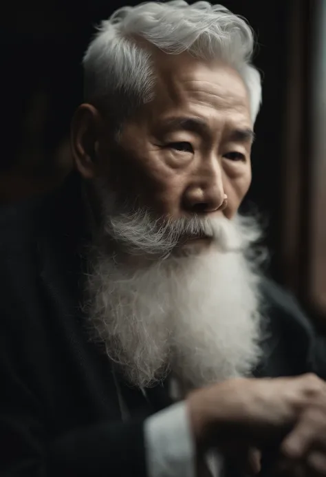 Cinematic portrait , An 80-year-old Asian male,Thin and thin, (80 years:1.1), (shaved pubic hair:1.2), (very short white hair，A little curly:1.5),(Long beard:1.6).Dark coat, white  shirt . Minimalist background, Own composition, detalhe poderoso, Autumn ba...