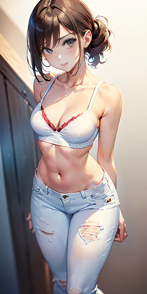 ((American shot, Girl posing for photo in white bra and tight denim, arms behind back, full body, wearing cropped t-shirt, bra, slim figure, smaller bust, slim girl model, 20 year old female model))