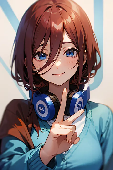 miku nakano、brown hair、head phone、a smile、piece sign、blue cardigan、white  shirt