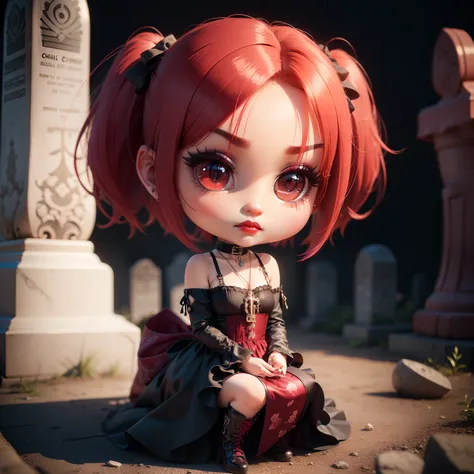 Cute Baby Chibi Anime、(((Chibi 3D))) (Best Quality), (masutepiece)、Take a break sitting on a headstone in a dark and quiet cemetery, 
Take a break in a gothic lolita dress, Wearing ((Black:0.8) And (Burgundy:1.1) very long dress:1.3) With cross motif and l...