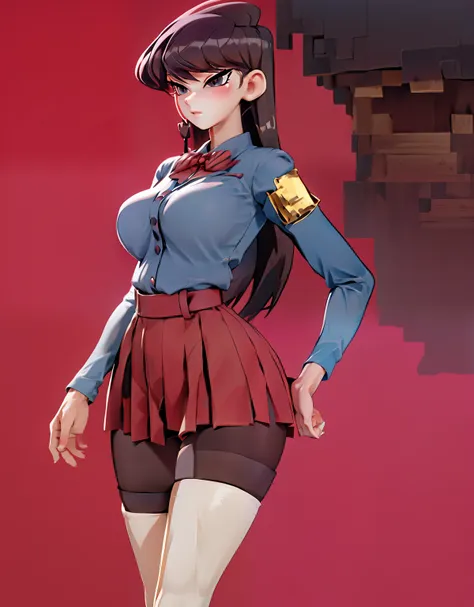 anime, komi san, minecraft style, cute, sexy pose, medium large boobs, slim waist, thick thighs, thigh highs, blur backgroud, ba...