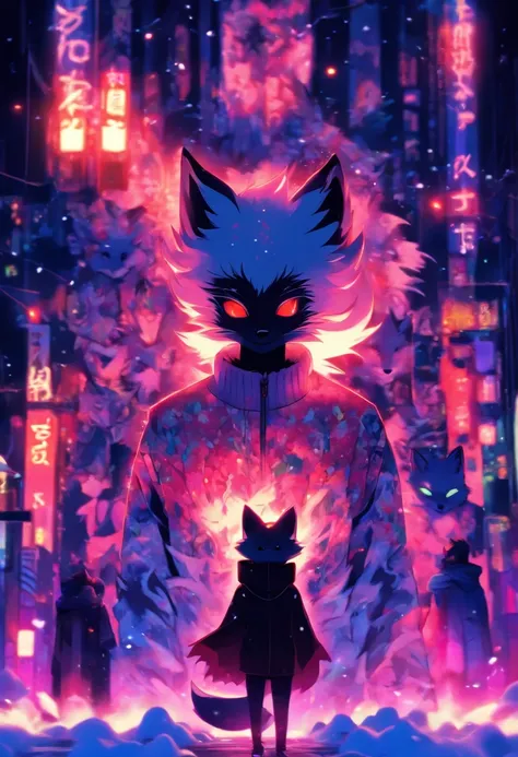 White fox, Pink eyes, Tattooed with, womb tattoo, Short hair, Black hair, Sweater men, Girl child, Bisexual males, Furry, Night City, Glowing eyes, no feelings, Long tail, Collar, ​master piece, puppet, batwings, Shy, White headphones, Fox tail, Top qualit...