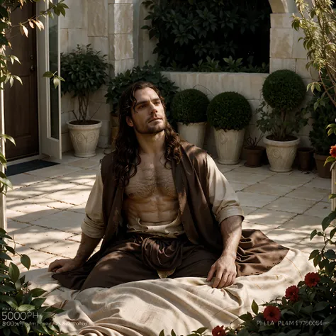 Photograph of a HENRYCAVILL PERSON as Jesus Christ in the movie Passion of the Christ during his time agonizing in a garden, warm atmosphere, Captured by Panavision Panaflex Platinum Camera with Panavision Primo Primes Spherical Lens 50mm T1.9