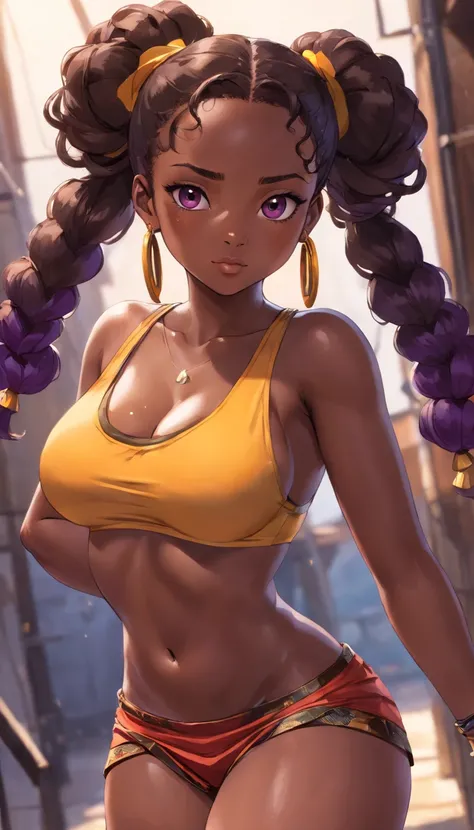 uploaded on danbooru, solo African girl, (( portrait)), BREAK, ((wear wet tanktop, short skirt)), (detailed Bonifasko lighting), (detailed deep ebony skin), (detailed deep dark skin), BREAK, ((massive giant afro pigtails)), ((facing viewer with legs spread...