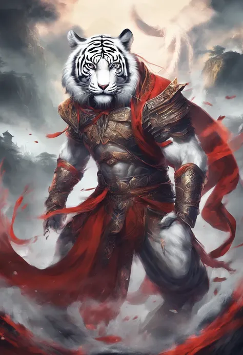 China-style，Chinese mythology，the white tiger，tosen，Ferocious，gargantuan，The eyes glow red，Glow effects，High hills，Cloud fog，the night，中景 the scene is，Full body like， highly detailed surreal vfx，oc rendered， - AR 16:9 --q 2 --s 1000