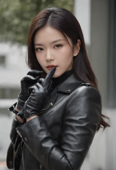 Upper body covered with black leather gloves up to the fingertips in both hands, black leather double riders jacket, slender necklace, beautiful bundled black hair, young and cute Japan presidents office