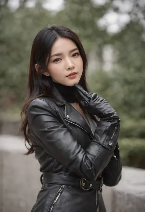 Upper body covered with black leather gloves up to the fingertips in both hands, black leather double riders jacket, slender necklace, beautiful bundled black hair, young and cute Japan presidents office