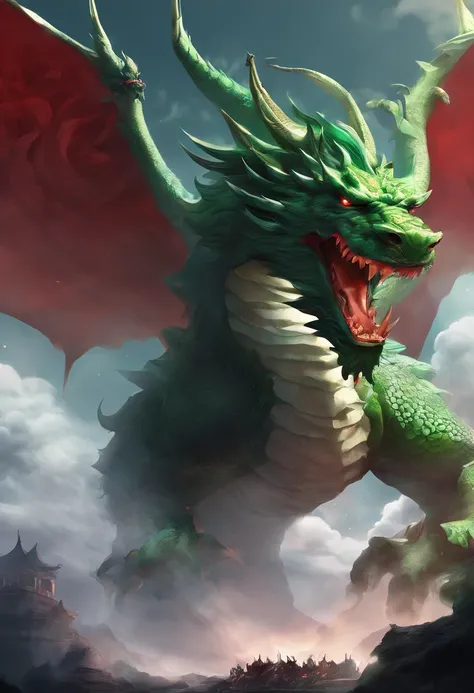 China-style，Chinese mythology，Green Dragon，tosen，Ferocious，gargantuan，The eyes glow red，Glow effects，surrounded by cloud，Thick clouds，中景 the scene is，Full body like， highly detailed surreal vfx，oc rendered， - AR 16:9 --q 2 --s 1000