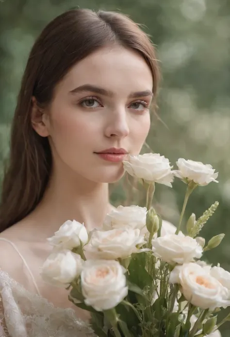 a woman is smelling a bouquet of flowers on her cheek, in the style of unicorncore, ready-made objects, ue5, modern photography, exotic, natural minimalism, uhd image,(upper body)