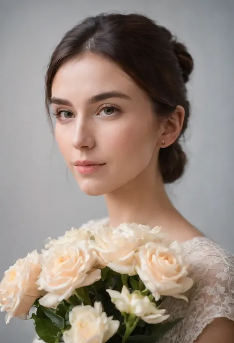 a woman is smelling a bouquet of flowers on her cheek, in the style of unicorncore, ready-made objects, ue5, modern photography, exotic, natural minimalism, uhd image,(upper body)