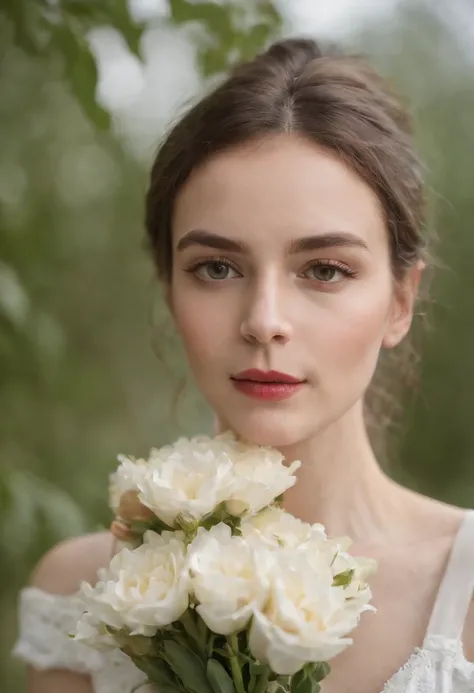 a woman is smelling a bouquet of flowers on her cheek, in the style of unicorncore, ready-made objects, ue5, modern photography, exotic, natural minimalism, uhd image,(upper body)