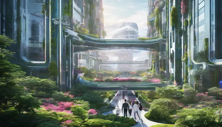 Urban design of the future，The shape of the building is special，There is a sense of design，aestheticly pleasing，Renderings，There are flowers，There are greenery， Rich in color